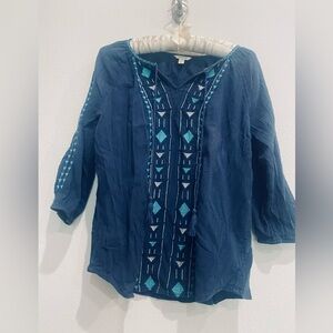 Sonoma Life & Style Blue Embroidered Mandarin Collar 100% Cotton Blouse, Small